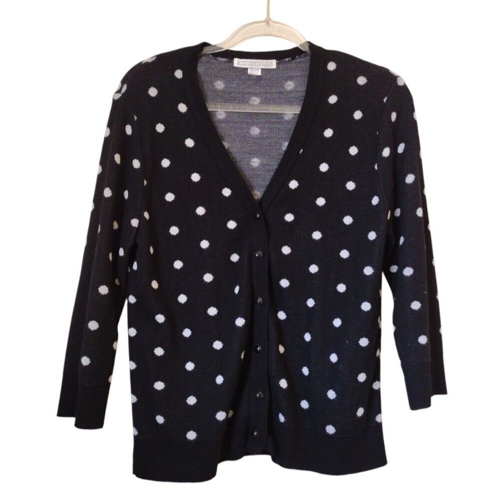 Knitch Above Cardigan Women Large Black White Polka Dots‎ Knit Open 3/4 Sleeves